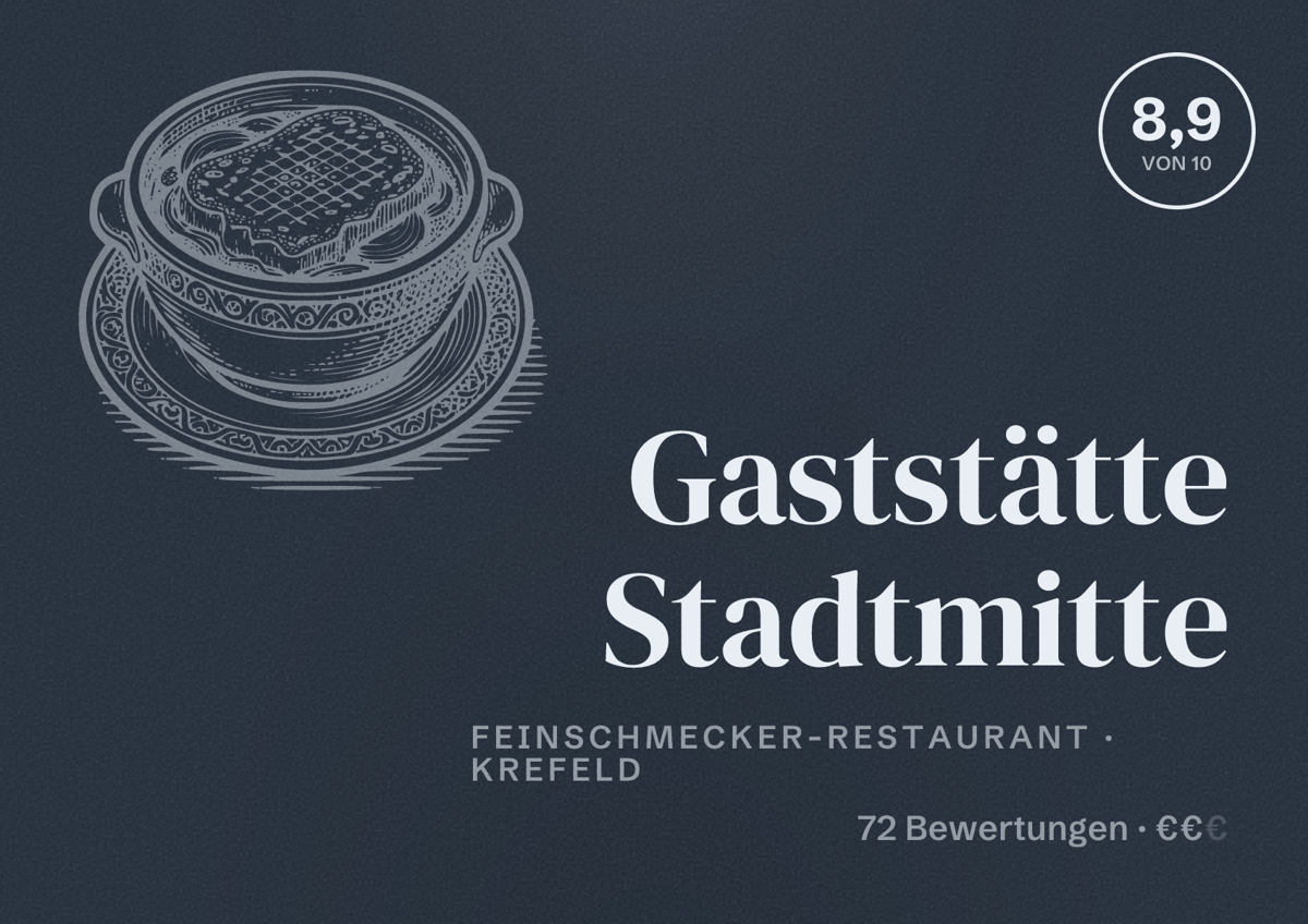 Illustriertes Poster von Gaststätte Stadtmitte, Feinschmecker-Restaurant in Krefeld: Bewertung 8,9 von 10 aus 72 Bewertungen, Preisniveau €€