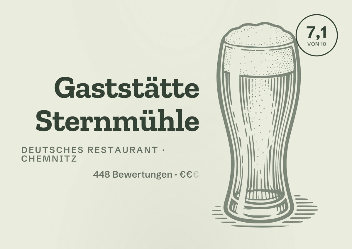 Illustriertes Poster von Gaststätte Sternmühle, Deutsches Restaurant in Chemnitz: Bewertung 7,1 von 10 aus 448 Bewertungen, Preisniveau €€