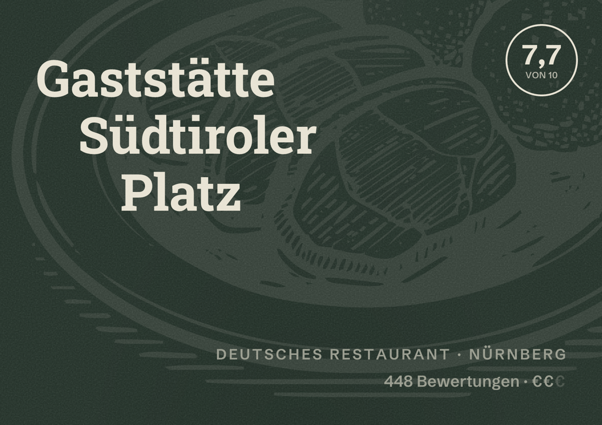 Illustriertes Poster von Gaststätte Südtiroler Platz, Deutsches Restaurant in Nürnberg: Bewertung 7,7 von 10 aus 448 Bewertungen, Preisniveau €€