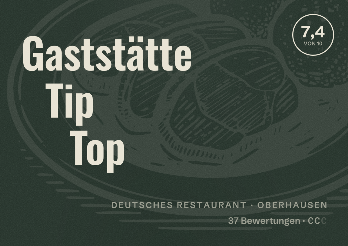 Illustriertes Poster von Gaststätte Tip Top, Deutsches Restaurant in Oberhausen: Bewertung 7,4 von 10 aus 37 Bewertungen, Preisniveau €€