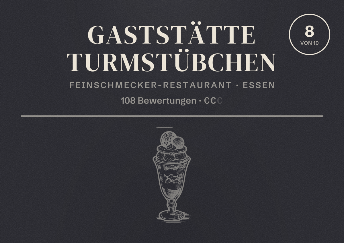 Illustriertes Poster von Gaststätte Turmstübchen, Feinschmecker-Restaurant in Essen: Gästebewertung 8 von 10 aus 108 Bewertungen