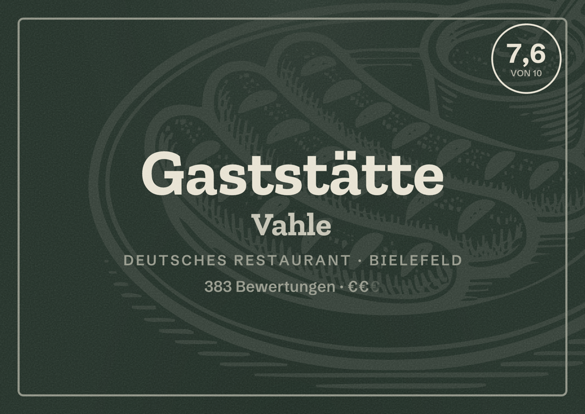 Illustriertes Poster von Gaststätte Vahle, Deutsches Restaurant in Bielefeld: Bewertung 7,6 von 10 aus 383 Bewertungen, Preisniveau €€
