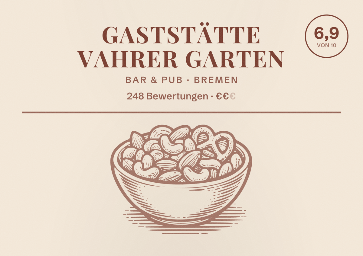 Illustriertes Poster von Gaststätte Vahrer Garten, Bar & Pub in Bremen: Bewertung 6,9 von 10 aus 248 Bewertungen, Preisniveau €€