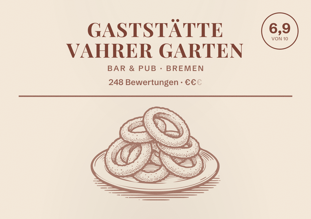 Illustriertes Poster von Gaststätte Vahrer Garten, Bar & Pub in Bremen: Bewertung 6,9 von 10 aus 248 Bewertungen, Preisniveau €€