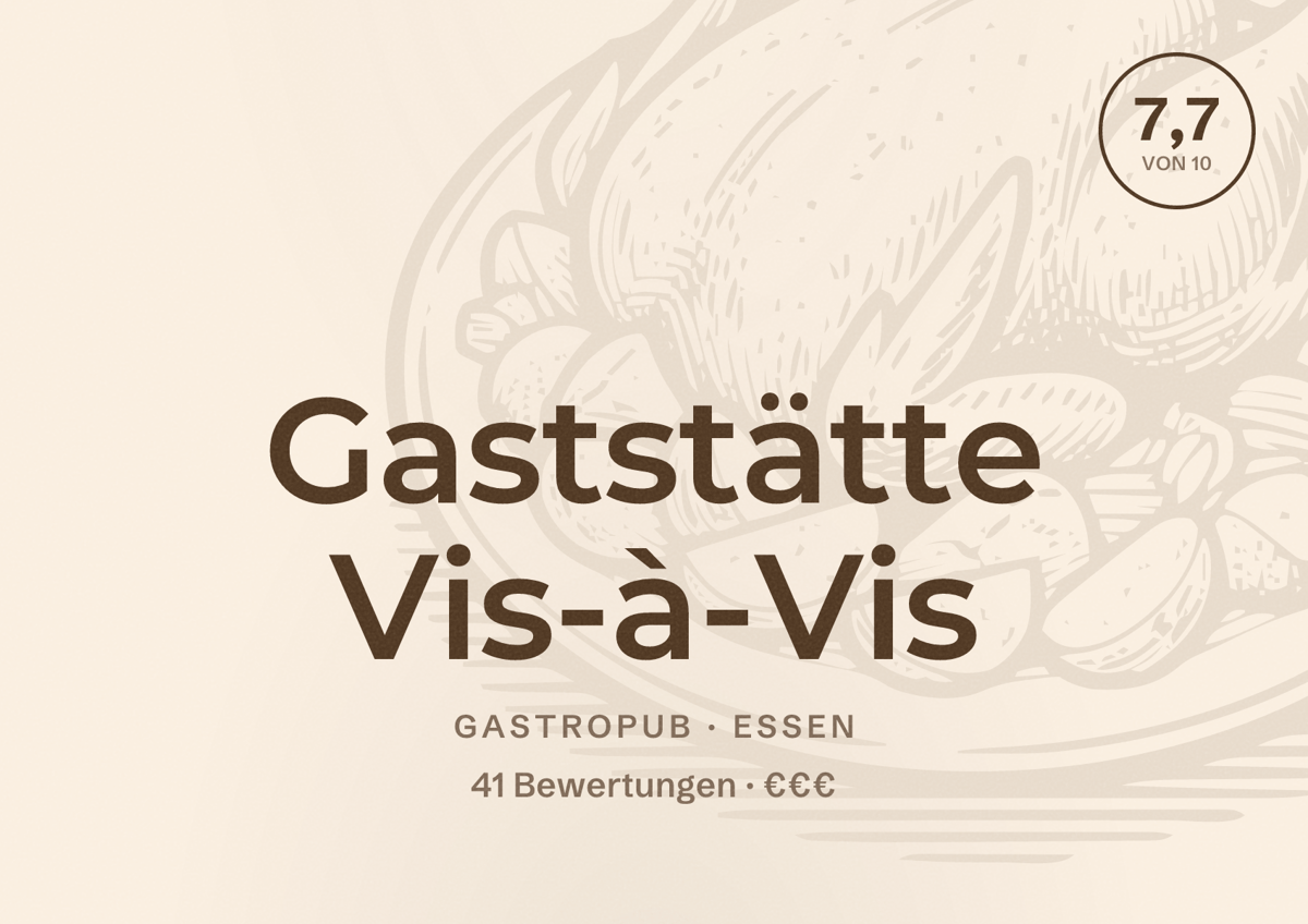 Illustriertes Poster von Gaststätte Vis-à-Vis, Gastropub in Essen: Bewertung 7,7 von 10 aus 41 Bewertungen, Preisniveau €€€