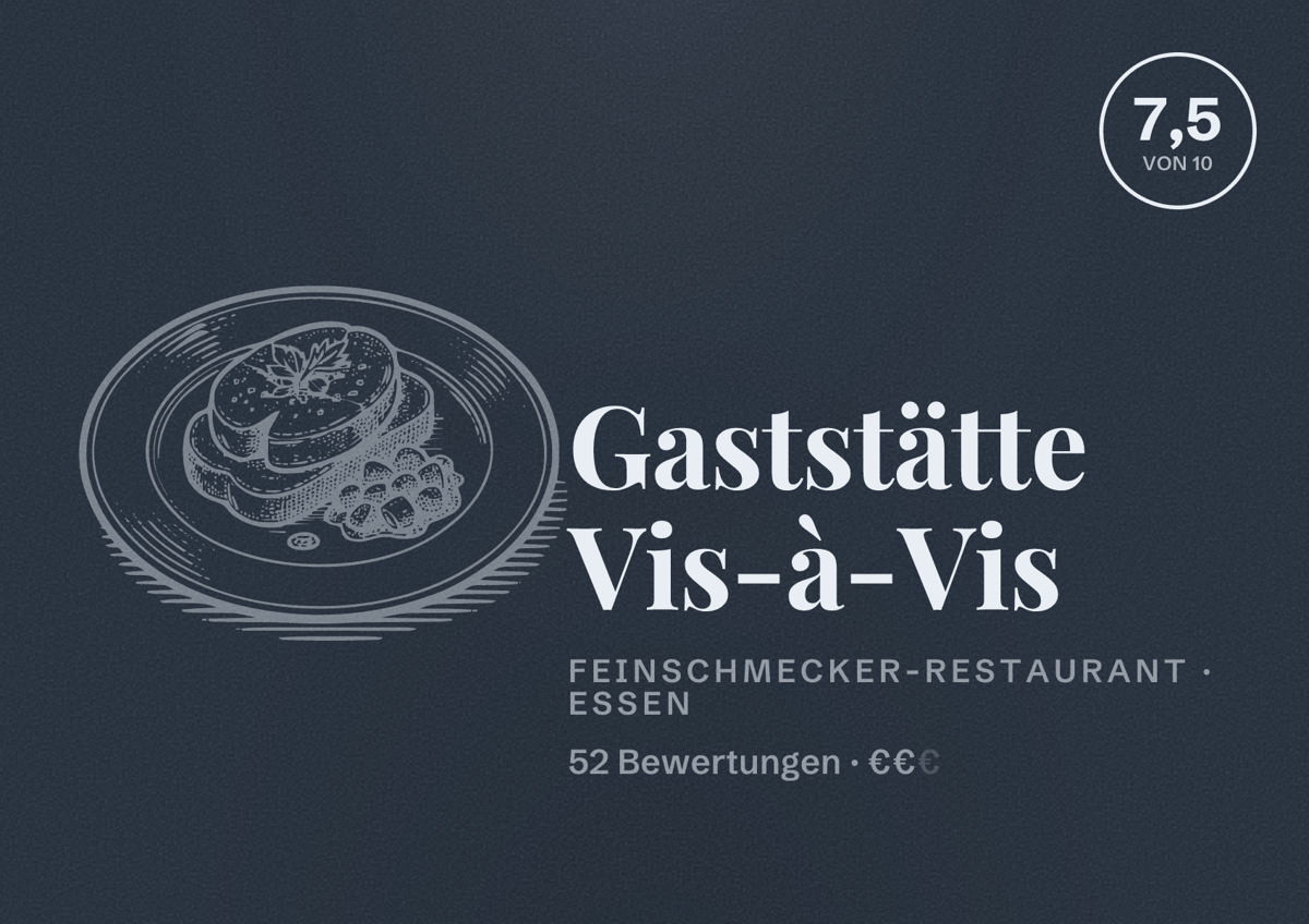 Illustriertes Poster von Gaststätte Vis-à-Vis, Feinschmecker-Restaurant in Essen: Bewertung 7,5 von 10 aus 52 Bewertungen, Preisniveau €€