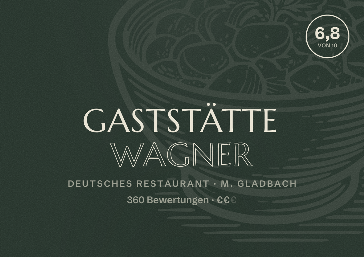 Illustriertes Poster von Gaststätte Wagner, Deutsches Restaurant in M. Gladbach: Bewertung 6,8 von 10 aus 360 Bewertungen, Preisniveau €€