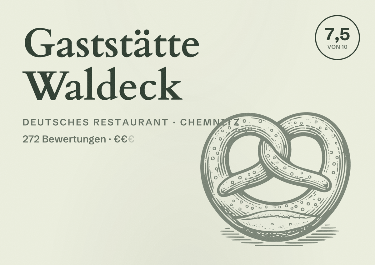 Illustriertes Poster von Gaststätte Waldeck, Deutsches Restaurant in Chemnitz: Bewertung 7,5 von 10 aus 272 Bewertungen, Preisniveau €€