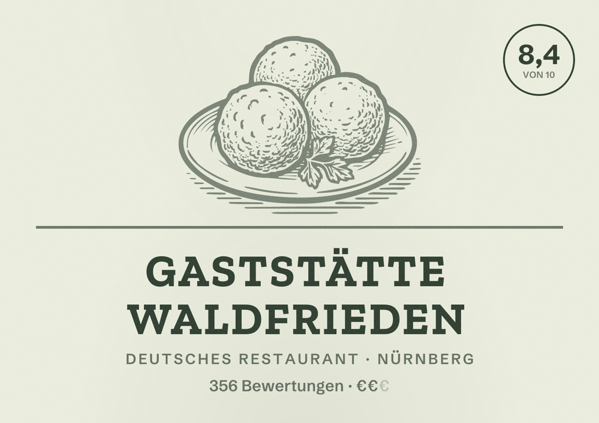 Illustriertes Poster von Gaststätte Waldfrieden, Deutsches Restaurant in Nürnberg: Bewertung 8,4 von 10 aus 356 Bewertungen, Preisniveau €€