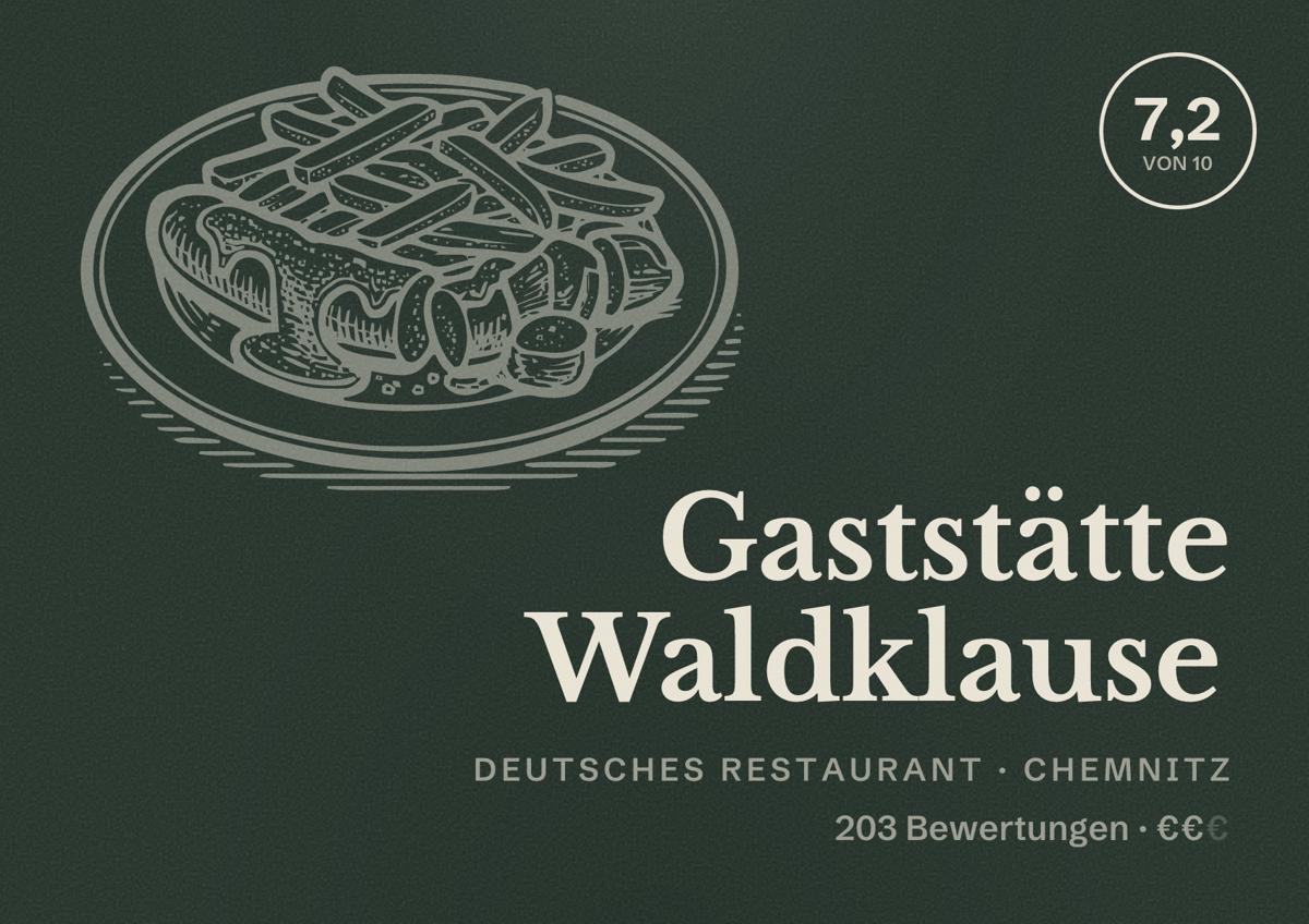 Illustriertes Poster von Gaststätte Waldklause, Deutsches Restaurant in Chemnitz: Bewertung 7,2 von 10 aus 203 Bewertungen, Preisniveau €€