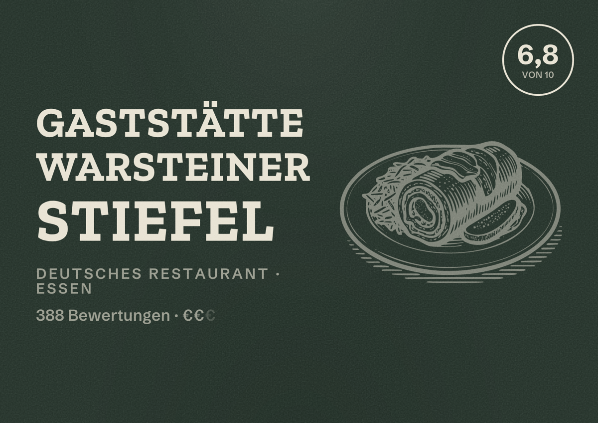 Illustriertes Poster von Gaststätte Warsteiner Stiefel, Deutsches Restaurant in Essen: Bewertung 6,8 von 10 aus 388 Bewertungen, Preisniveau €€