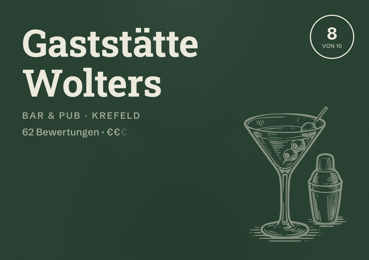 Illustriertes Poster von Gaststätte Wolters, Bar & Pub in Krefeld: Bewertung 8 von 10 aus 62 Bewertungen, Preisniveau €€