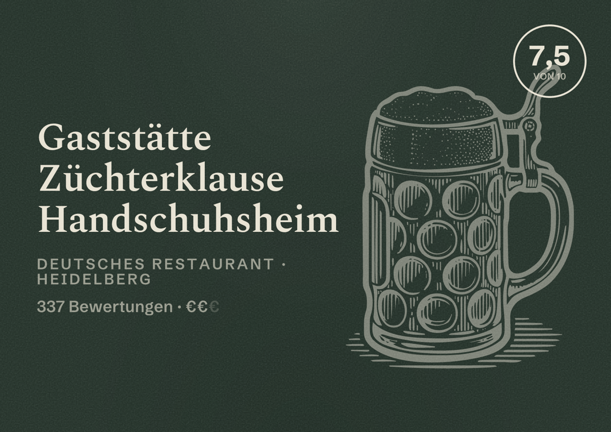 Illustriertes Poster von Gaststätte Züchterklause Handschuhsheim, Deutsches Restaurant in Heidelberg: Bewertung 7,5 von 10 aus 337 Bewertungen, Preisniveau €€