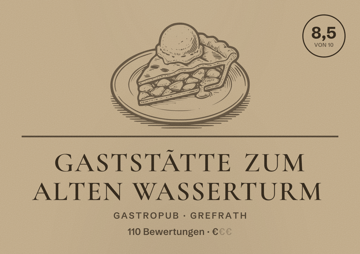 Illustriertes Poster von Gaststãtte Zum alten Wasserturm, Gastropub in Grefrath: Bewertung 8,5 von 10 aus 110 Bewertungen, Preisniveau €