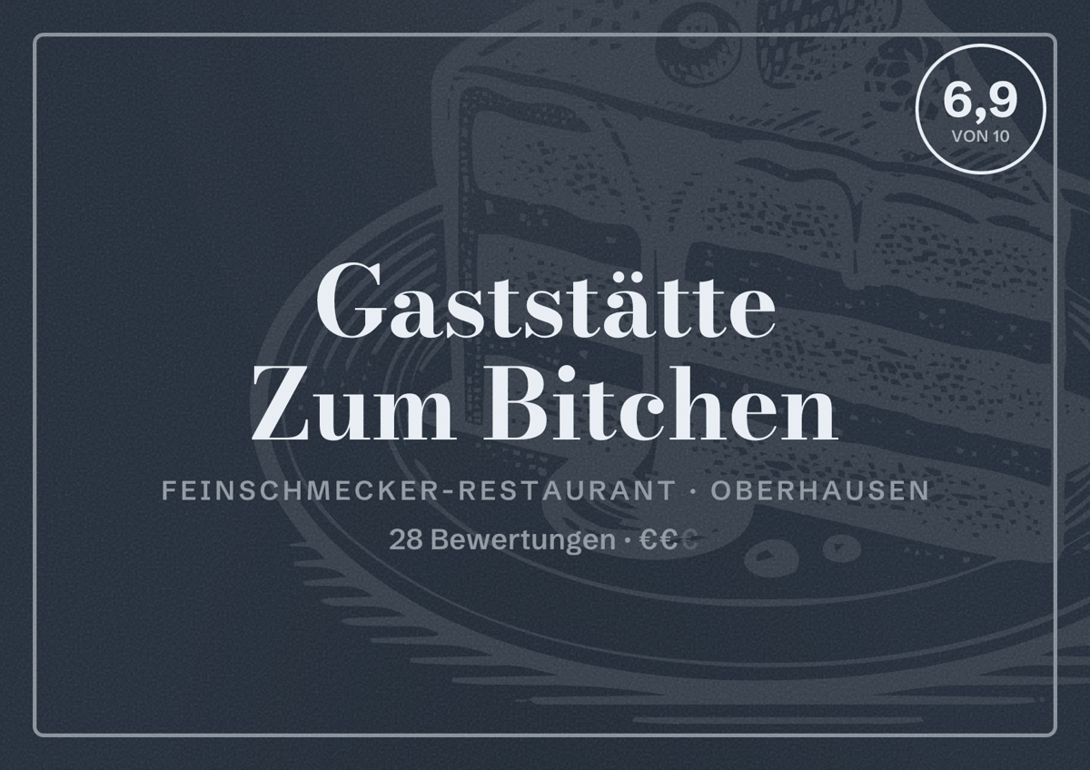 Illustriertes Poster von Gaststätte Zum Bitchen, Feinschmecker-Restaurant in Oberhausen: Bewertung 6,9 von 10 aus 28 Bewertungen, Preisniveau €€