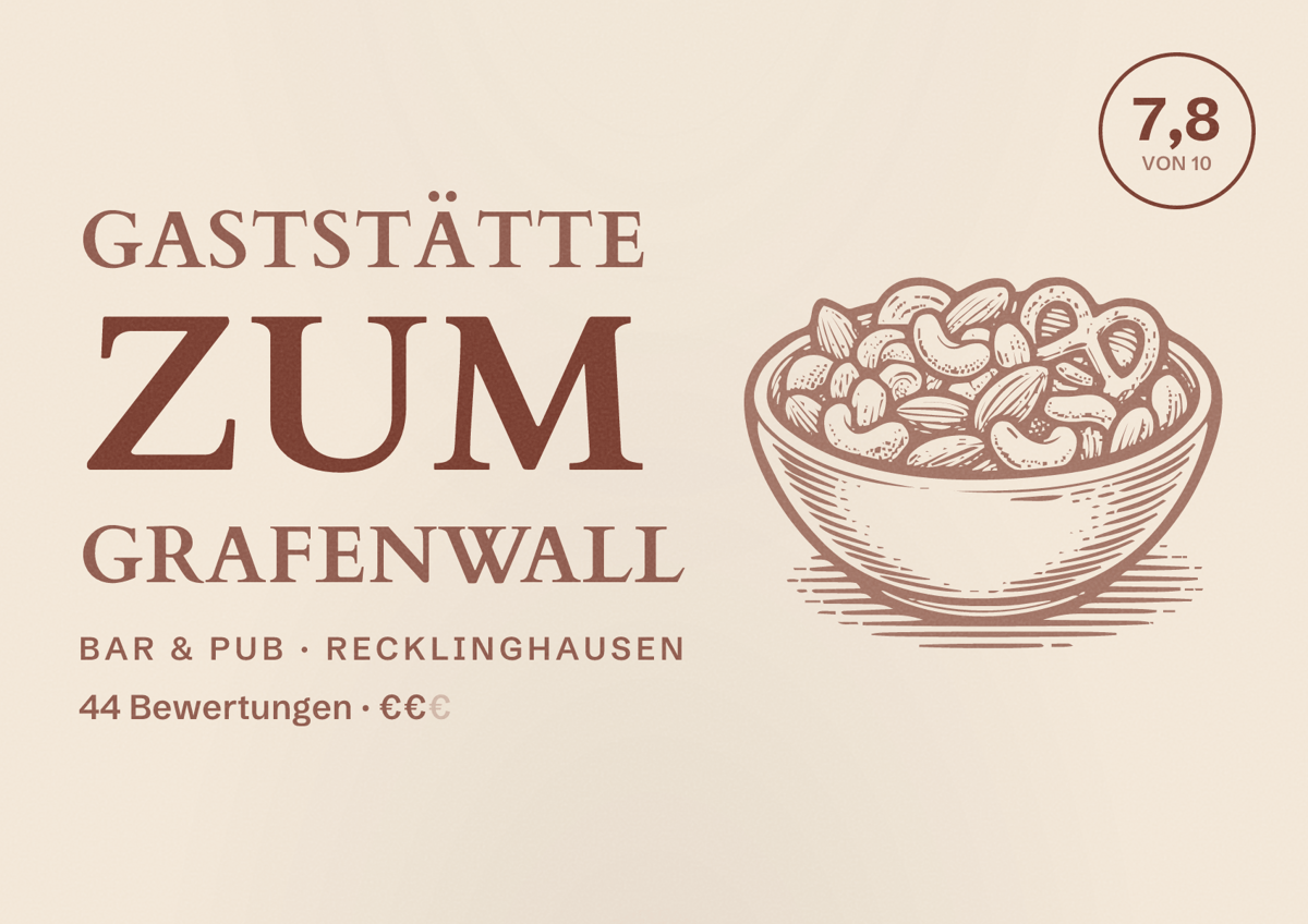 Illustriertes Poster von Gaststätte zum Grafenwall, Bar & Pub in Recklinghausen: Bewertung 7,8 von 10 aus 44 Bewertungen, Preisniveau €€