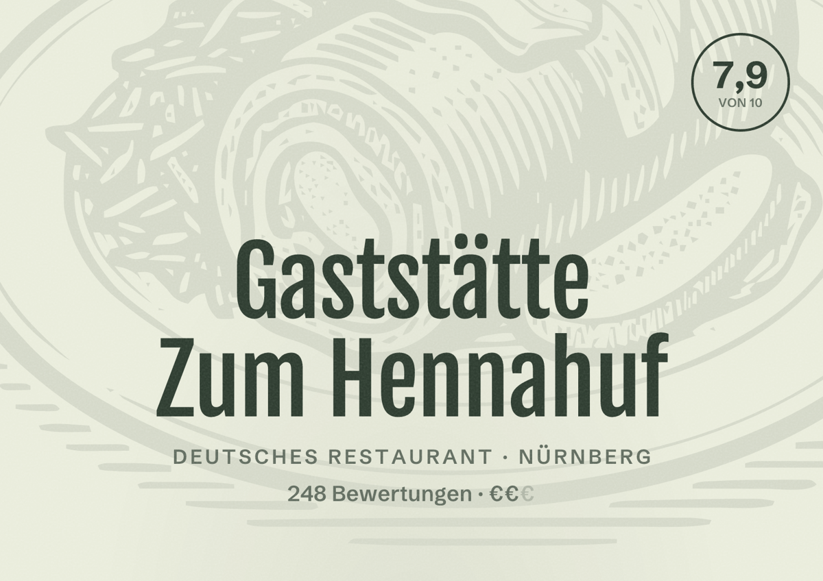 Illustriertes Poster von Gaststätte Zum Hennahuf, Deutsches Restaurant in Nürnberg: Bewertung 7,9 von 10 aus 248 Bewertungen, Preisniveau €€