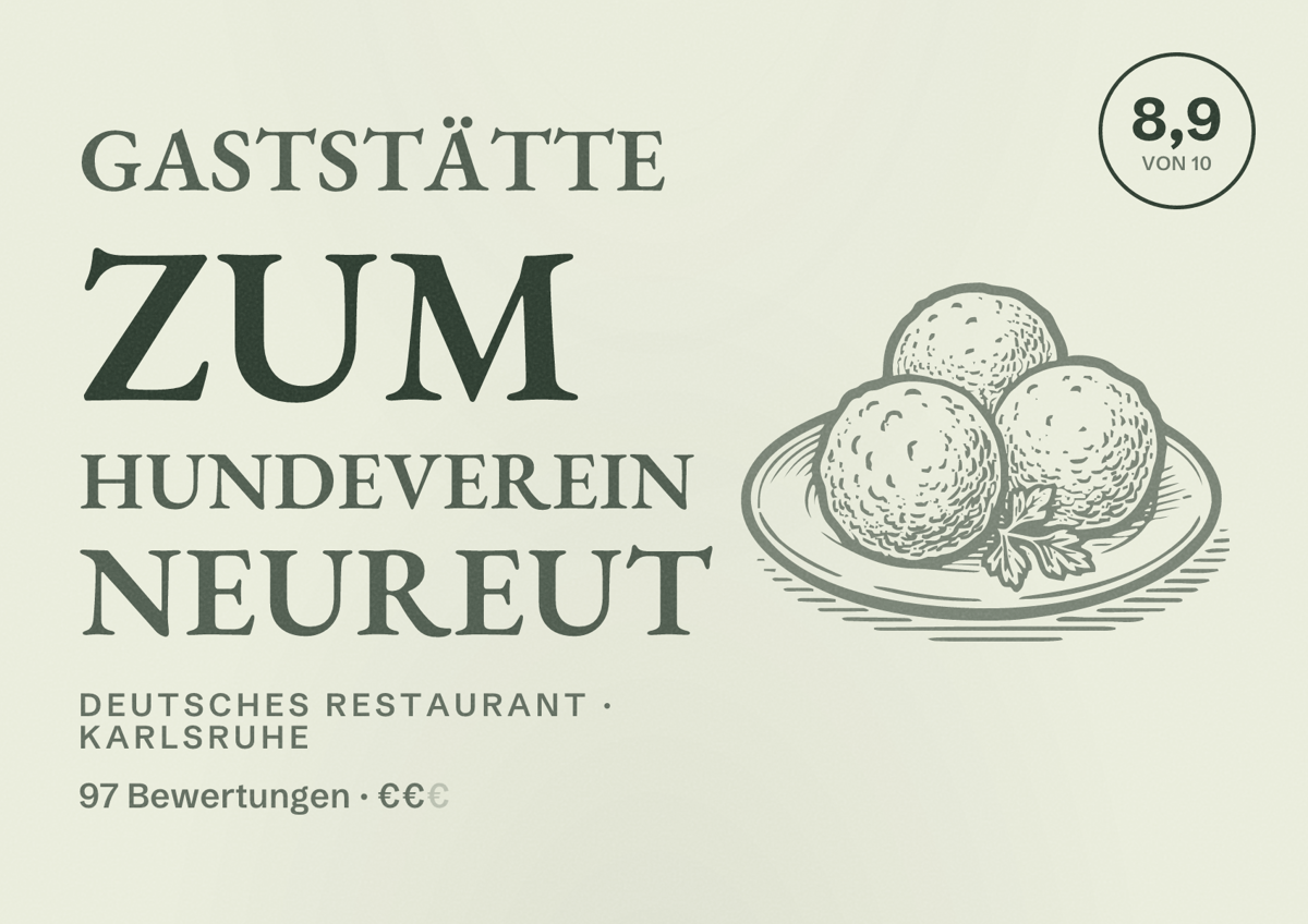Illustriertes Poster von Gaststätte zum Hundeverein Neureut, Deutsches Restaurant in Karlsruhe: Bewertung 8,9 von 10 aus 97 Bewertungen, Preisniveau €€