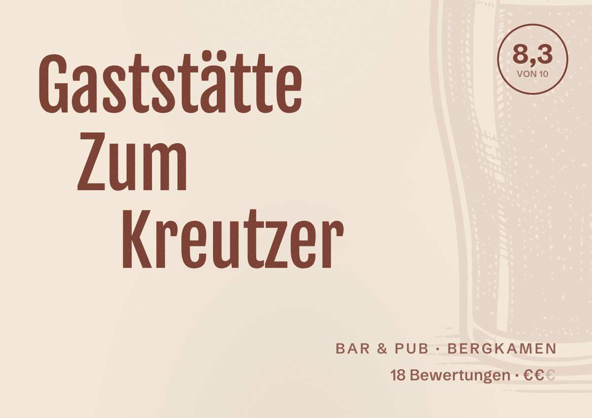 Illustriertes Poster von Gaststätte Zum Kreutzer, Bar & Pub in Bergkamen: Bewertung 8,3 von 10 aus 18 Bewertungen, Preisniveau €€
