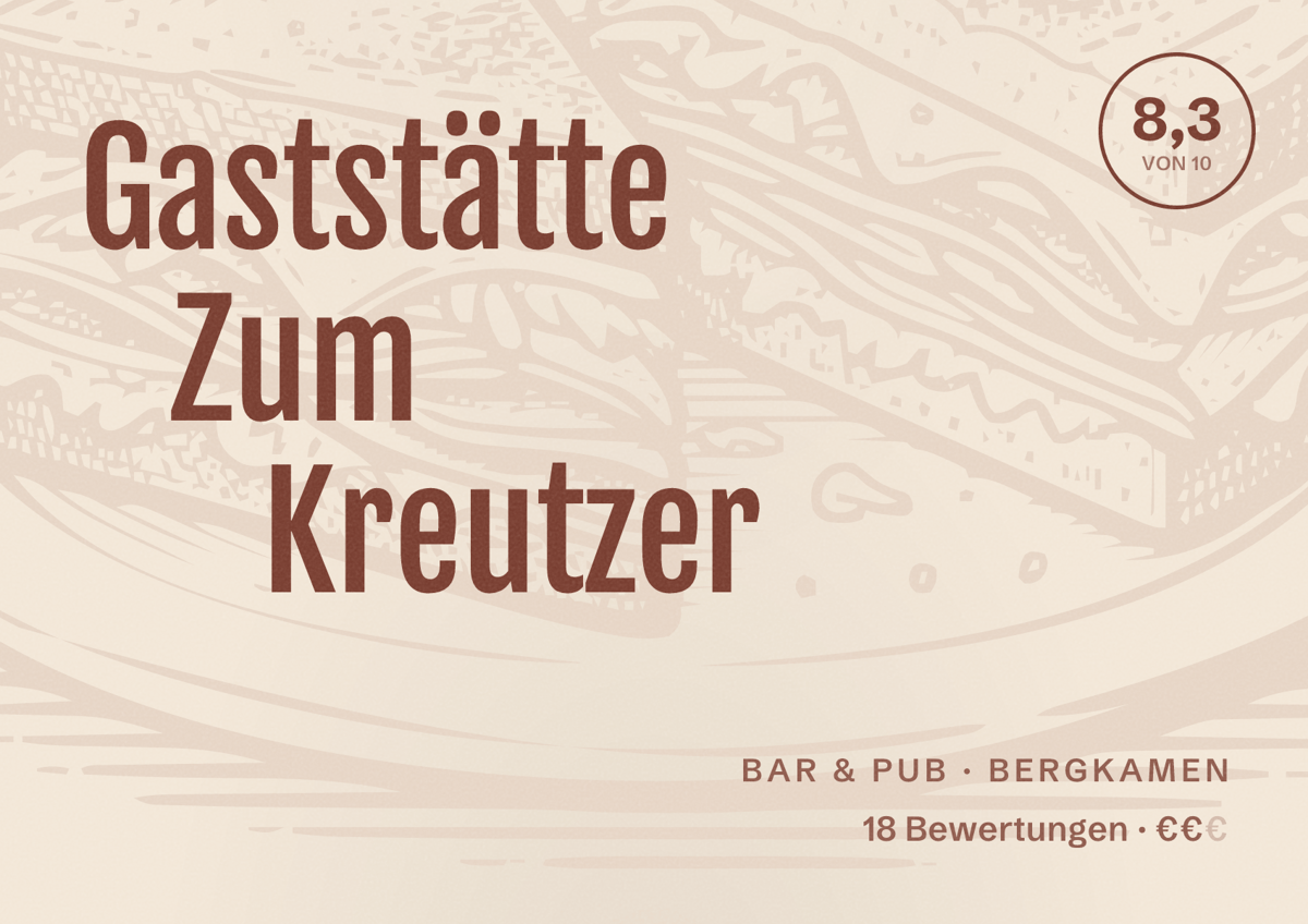 Illustriertes Poster von Gaststätte Zum Kreutzer, Bar & Pub in Bergkamen: Bewertung 8,3 von 10 aus 18 Bewertungen, Preisniveau €€
