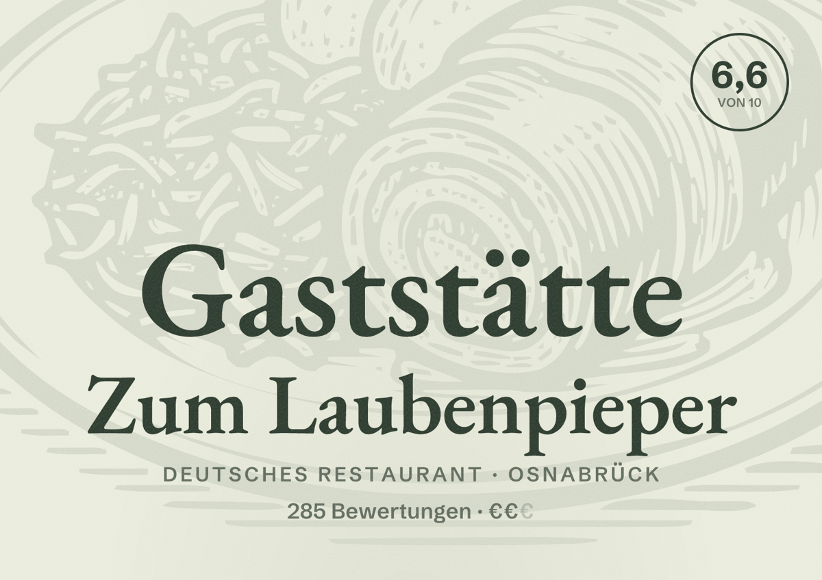 Illustriertes Poster von Gaststätte Zum Laubenpieper, Deutsches Restaurant in Osnabrück: Bewertung 6,6 von 10 aus 285 Bewertungen, Preisniveau €€
