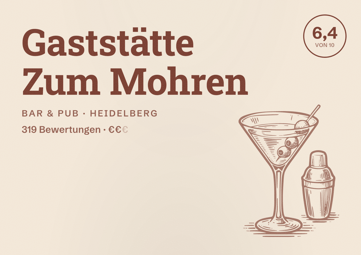Illustriertes Poster von Gaststätte Zum Mohren, Bar & Pub in Heidelberg: Bewertung 6,4 von 10 aus 319 Bewertungen, Preisniveau €€