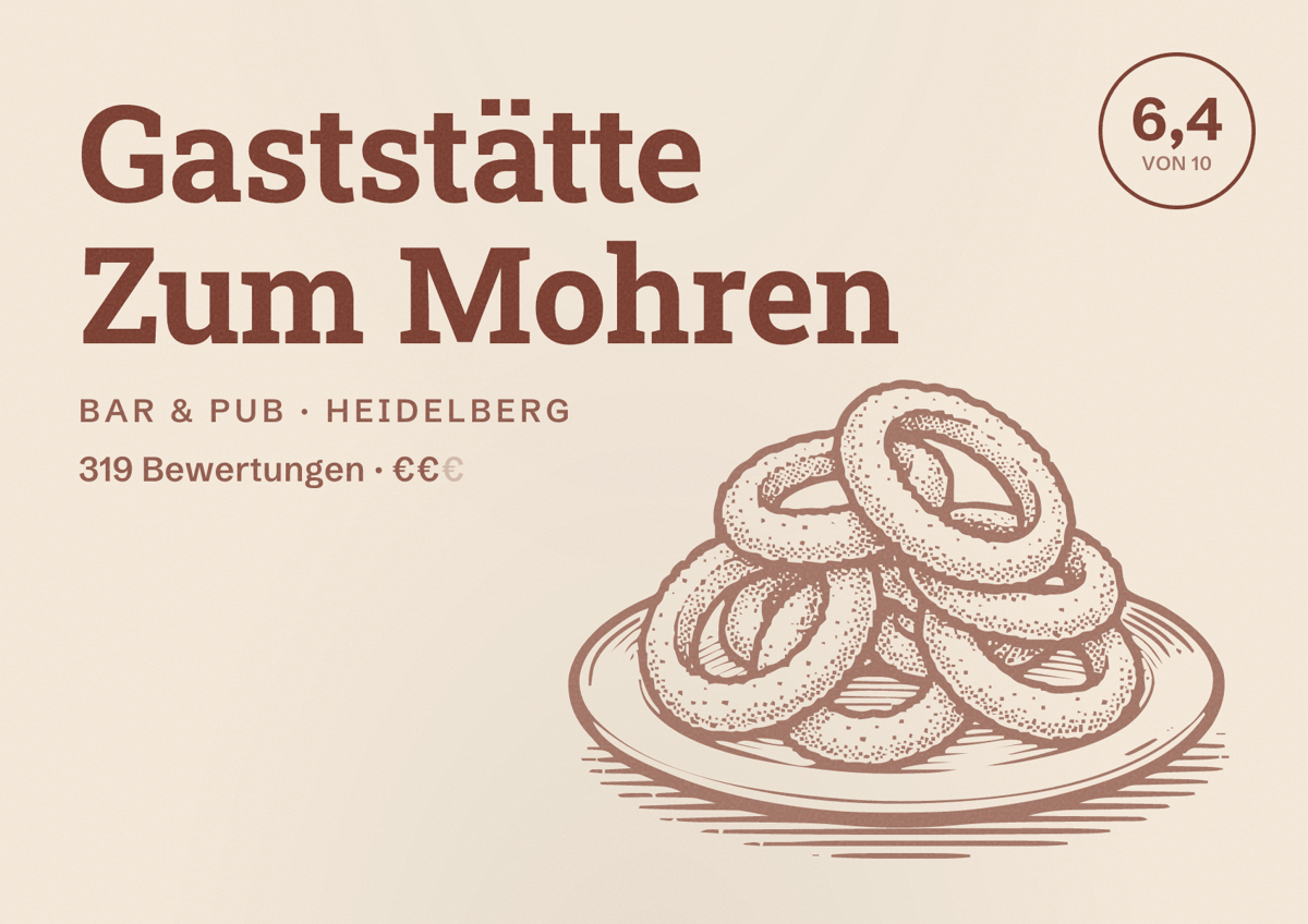 Illustriertes Poster von Gaststätte Zum Mohren, Bar & Pub in Heidelberg: Bewertung 6,4 von 10 aus 319 Bewertungen, Preisniveau €€