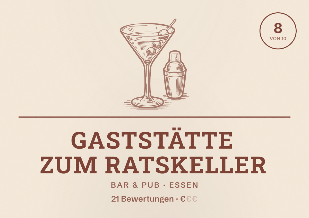 Illustriertes Poster von Gaststätte Zum Ratskeller, Bar & Pub in Essen: Bewertung 8 von 10 aus 21 Bewertungen, Preisniveau €