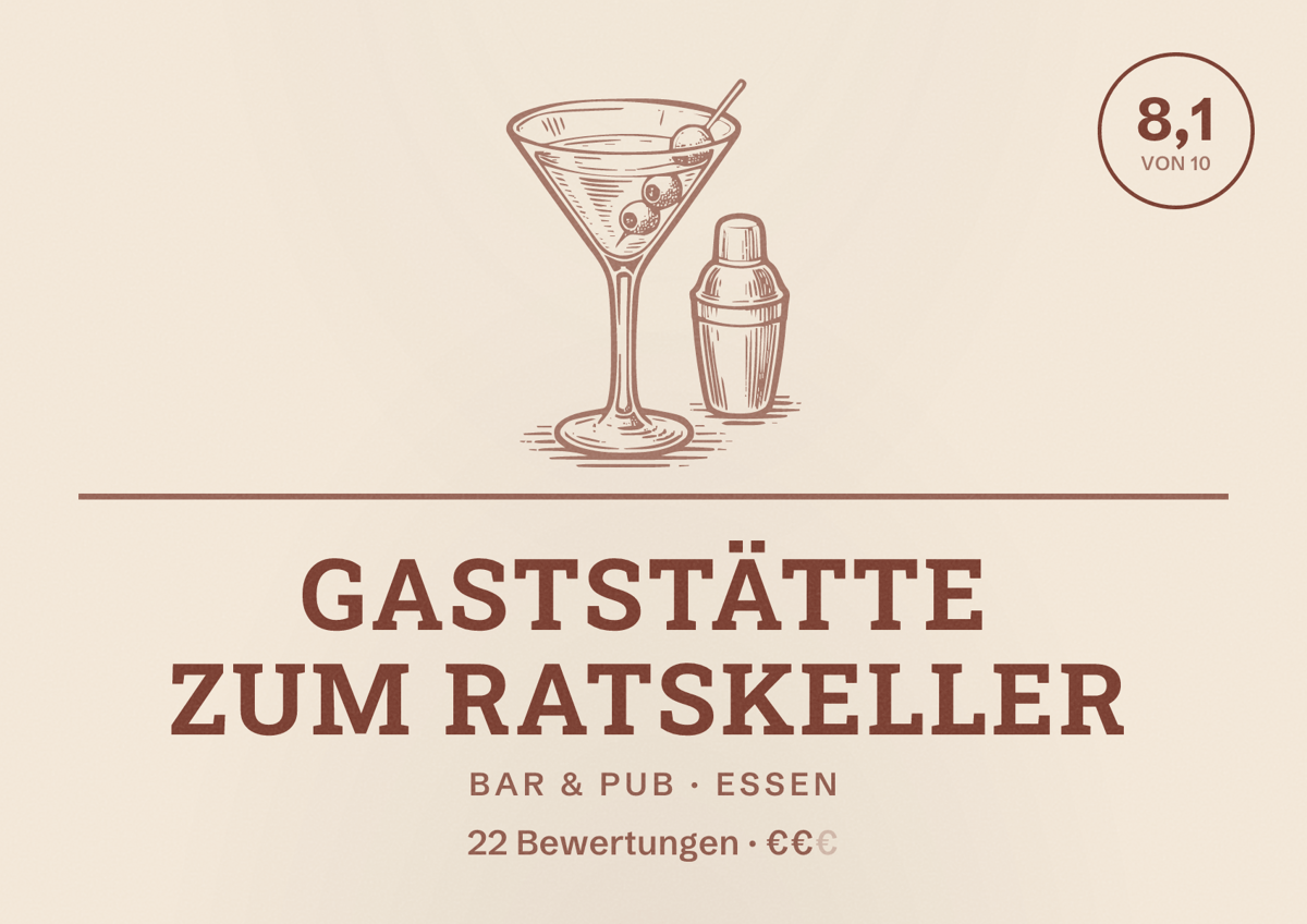 Illustriertes Poster von Gaststätte Zum Ratskeller, Bar & Pub in Essen: Bewertung 8,1 von 10 aus 22 Bewertungen, Preisniveau €€