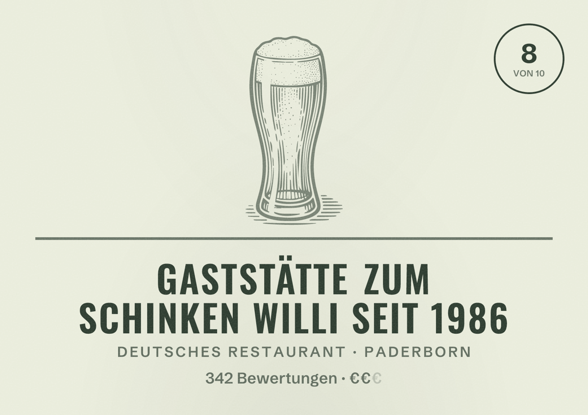 Illustriertes Poster von Gaststätte Zum Schinken Willi seit 1986, Deutsches Restaurant in Paderborn: Bewertung 8,0 von 10 aus 342 Bewertungen, Preisniveau €€