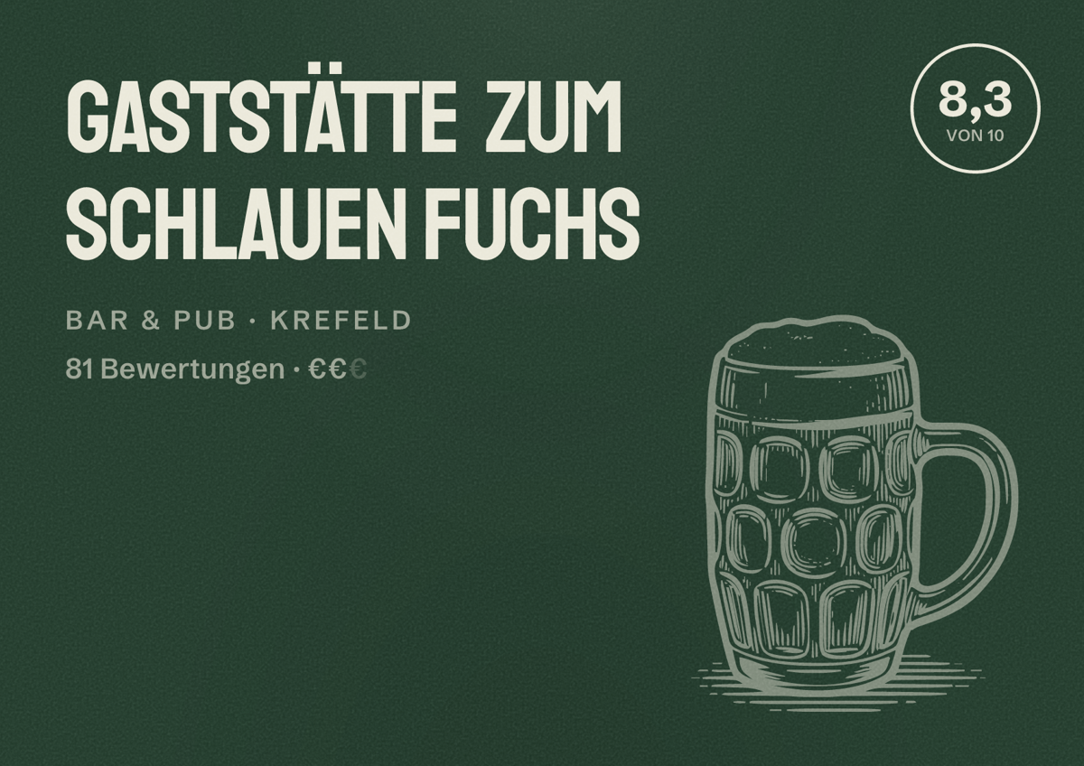 Illustriertes Poster von Gaststätte Zum schlauen Fuchs, Bar & Pub in Krefeld: Bewertung 8,3 von 10 aus 81 Bewertungen, Preisniveau €€