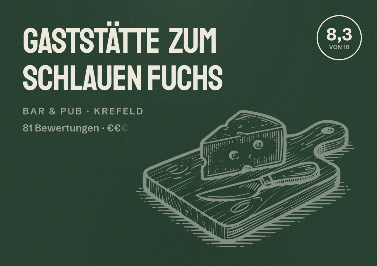 Illustriertes Poster von Gaststätte Zum schlauen Fuchs, Bar & Pub in Krefeld: Bewertung 8,3 von 10 aus 81 Bewertungen, Preisniveau €€