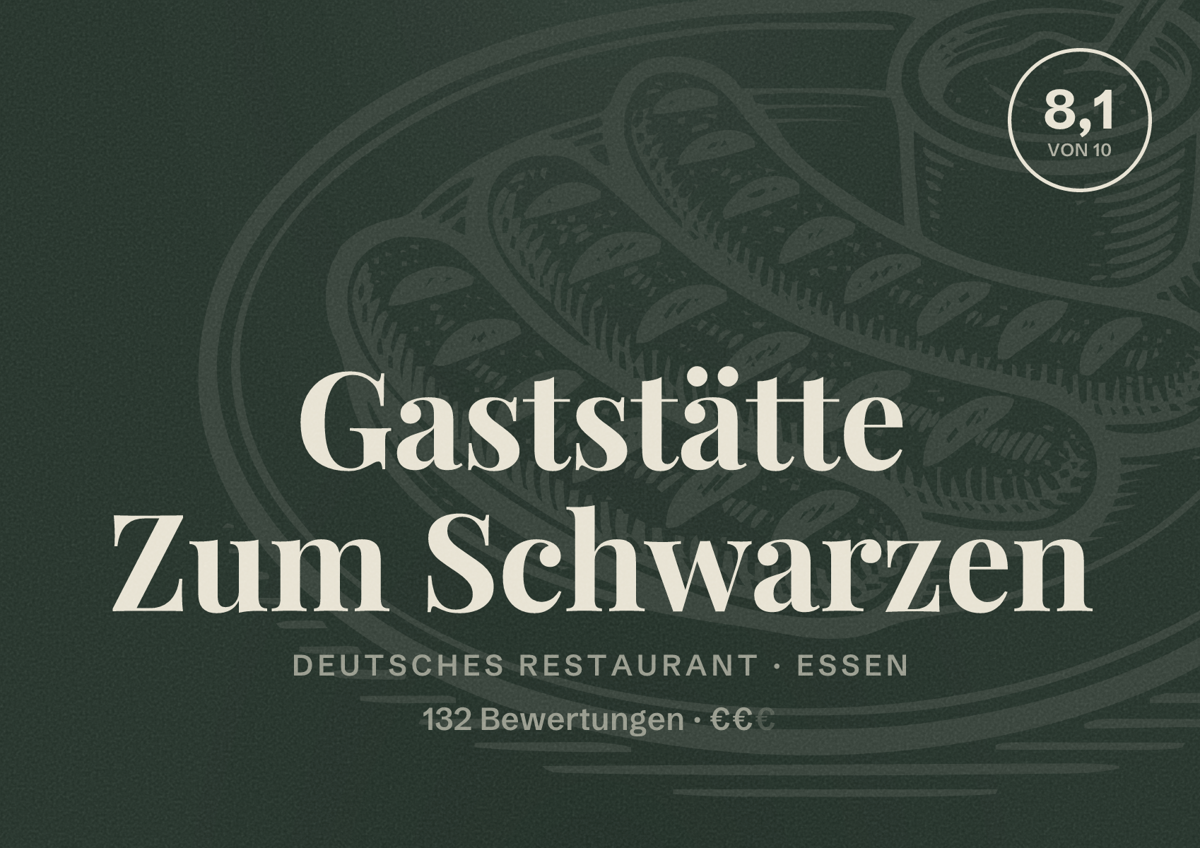 Illustriertes Poster von Gaststätte Zum Schwarzen, Deutsches Restaurant in Essen: Bewertung 8,1 von 10 aus 132 Bewertungen, Preisniveau €€