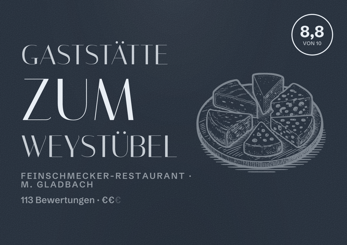 Illustriertes Poster von Gaststätte Zum Weystübel, Feinschmecker-Restaurant in M. Gladbach: Bewertung 8,8 von 10 aus 113 Bewertungen, Preisniveau €€