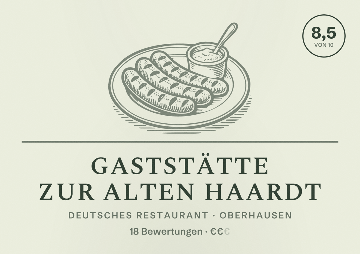 Illustriertes Poster von Gaststätte Zur alten Haardt, Deutsches Restaurant in Oberhausen: Bewertung 8,5 von 10 aus 18 Bewertungen, Preisniveau €€