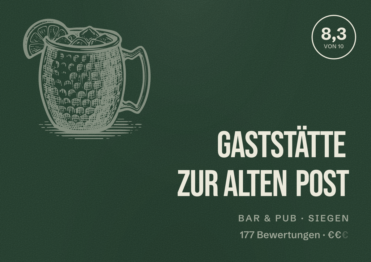 Illustriertes Poster von Gaststätte Zur alten Post, Bar & Pub in Siegen: Bewertung 8,3 von 10 aus 177 Bewertungen, Preisniveau €€