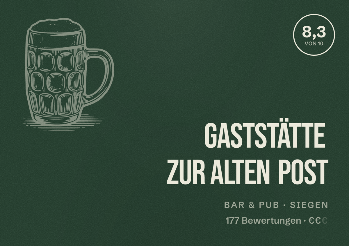 Illustriertes Poster von Gaststätte Zur alten Post, Bar & Pub in Siegen: Bewertung 8,3 von 10 aus 177 Bewertungen, Preisniveau €€