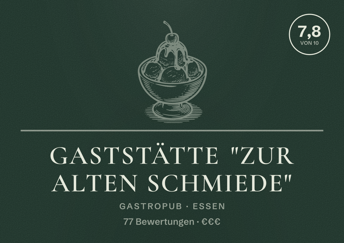 Illustriertes Poster von Gaststätte "Zur alten Schmiede", Gastropub in Essen: Bewertung 7,8 von 10 aus 77 Bewertungen, Preisniveau €€€