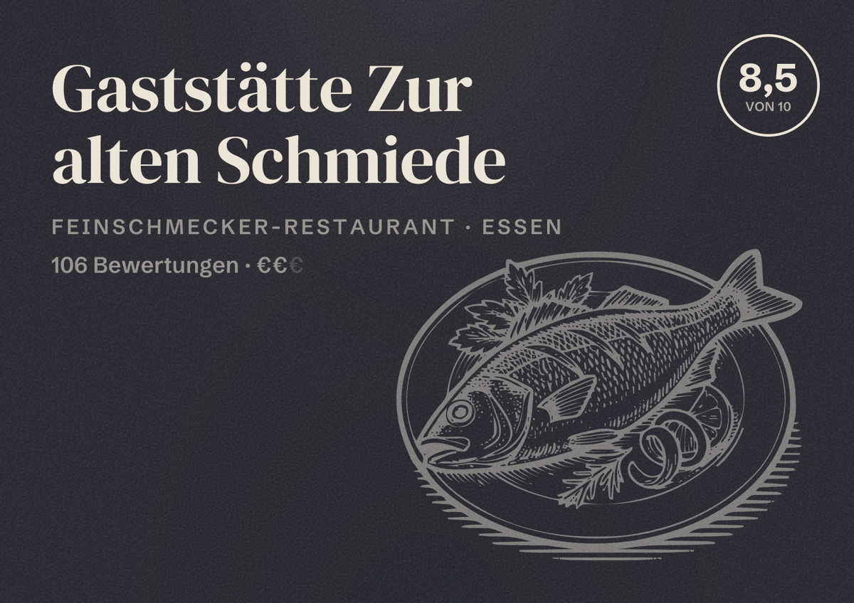 Illustriertes Poster von Gaststätte Zur alten Schmiede, Feinschmecker-Restaurant in Essen: Bewertung 8,5 von 10 aus 106 Bewertungen, Preisniveau €€