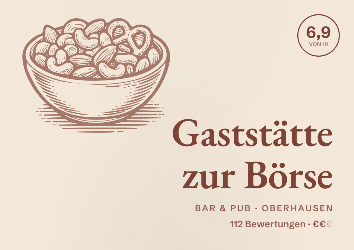 Illustriertes Poster von Gaststätte zur Börse, Bar & Pub in Oberhausen: Bewertung 6,9 von 10 aus 112 Bewertungen, Preisniveau €€