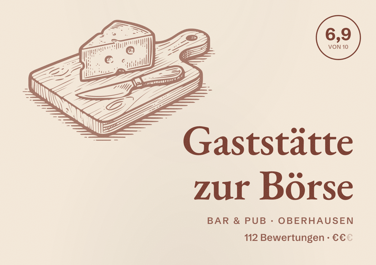 Illustriertes Poster von Gaststätte zur Börse, Bar & Pub in Oberhausen: Bewertung 6,9 von 10 aus 112 Bewertungen, Preisniveau €€