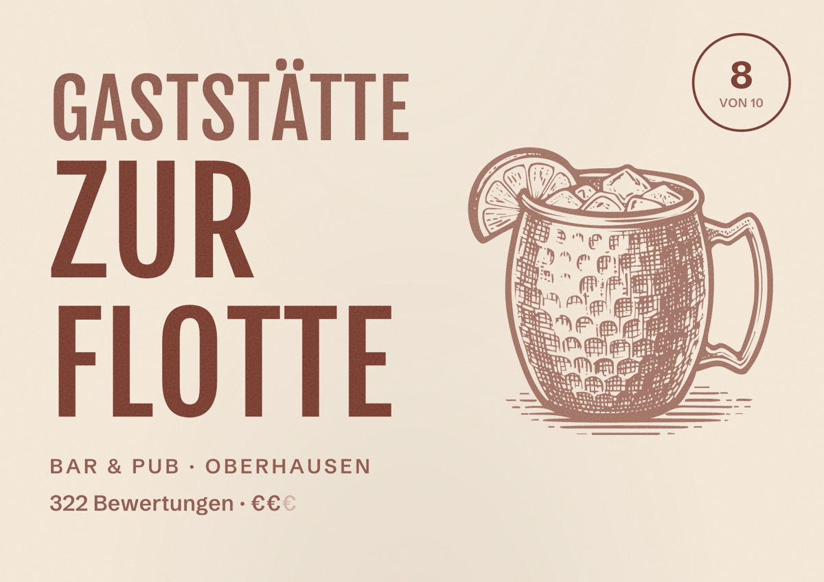 Illustriertes Poster von Gaststätte Zur Flotte, Bar & Pub in Oberhausen: Bewertung 8 von 10 aus 322 Bewertungen, Preisniveau €€