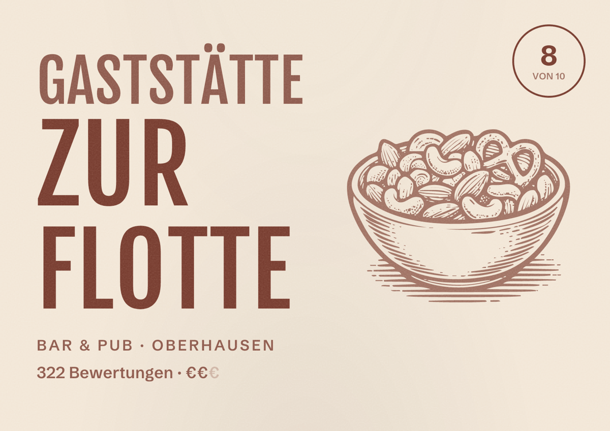 Illustriertes Poster von Gaststätte Zur Flotte, Bar & Pub in Oberhausen: Bewertung 8 von 10 aus 322 Bewertungen, Preisniveau €€