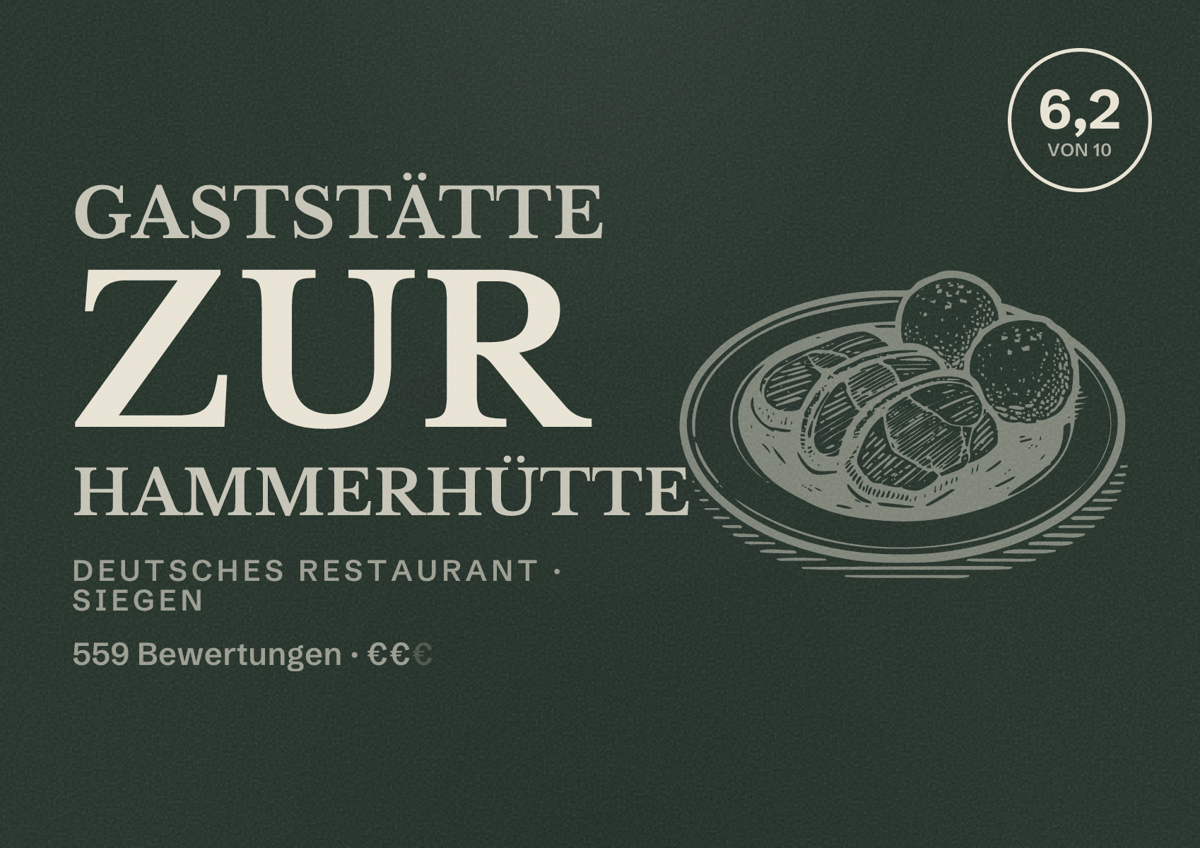 Illustriertes Poster von Gaststätte Zur Hammerhütte, Deutsches Restaurant in Siegen: Bewertung 6,2 von 10 aus 559 Bewertungen, Preisniveau €€