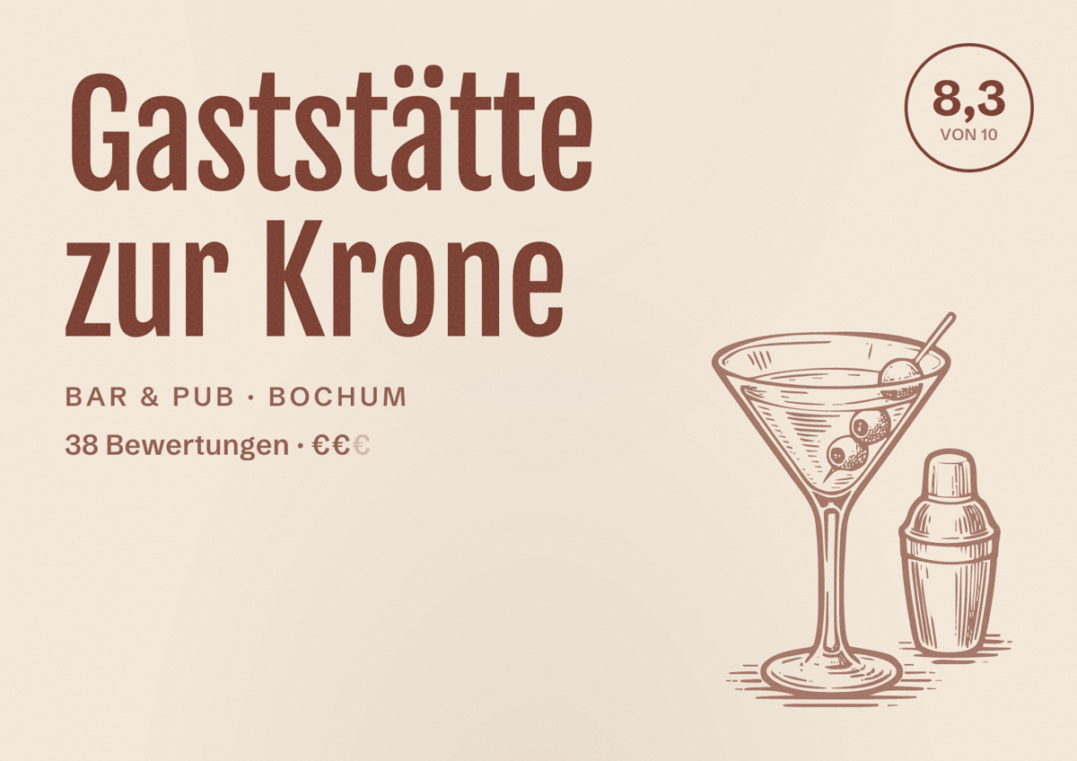 Illustriertes Poster von Gaststätte zur Krone, Bar & Pub in Bochum: Bewertung 8,3 von 10 aus 38 Bewertungen, Preisniveau €€