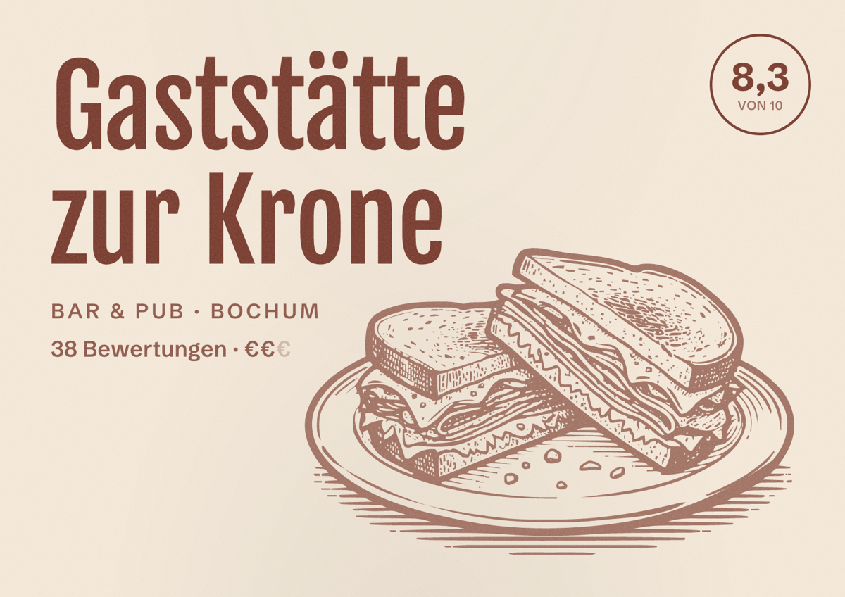 Illustriertes Poster von Gaststätte zur Krone, Bar & Pub in Bochum: Bewertung 8,3 von 10 aus 38 Bewertungen, Preisniveau €€