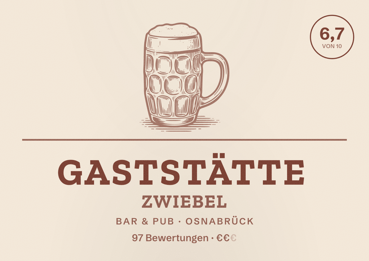 Illustriertes Poster von Gaststätte Zwiebel, Bar & Pub in Osnabrück: Bewertung 6,7 von 10 aus 97 Bewertungen, Preisniveau €€