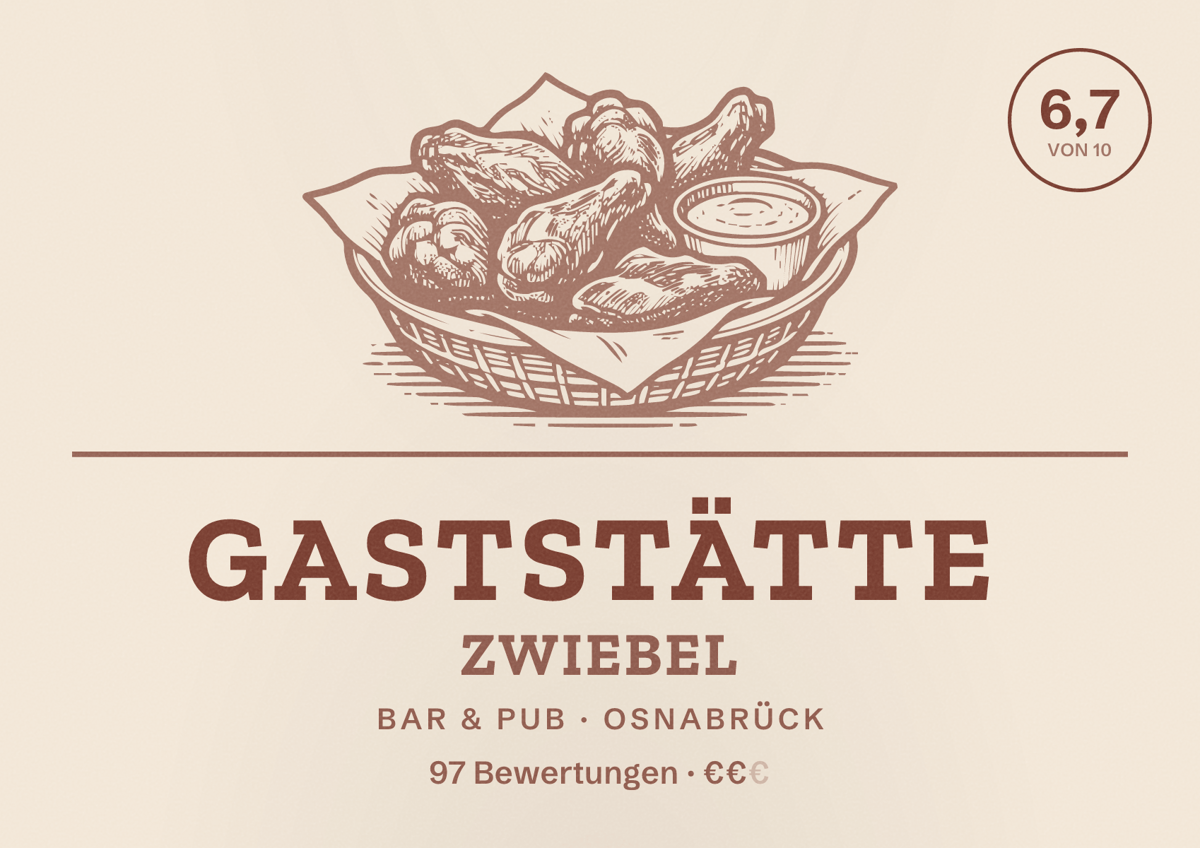 Illustriertes Poster von Gaststätte Zwiebel, Bar & Pub in Osnabrück: Bewertung 6,7 von 10 aus 97 Bewertungen, Preisniveau €€