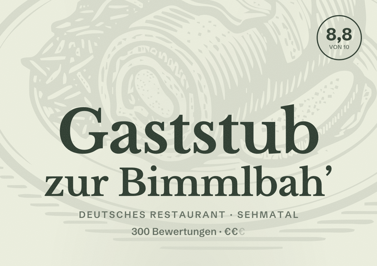 Illustriertes Poster von Gaststub zur Bimmlbah’, Deutsches Restaurant in Sehmatal: Bewertung 8,8 von 10 aus 300 Bewertungen, Preisniveau €€