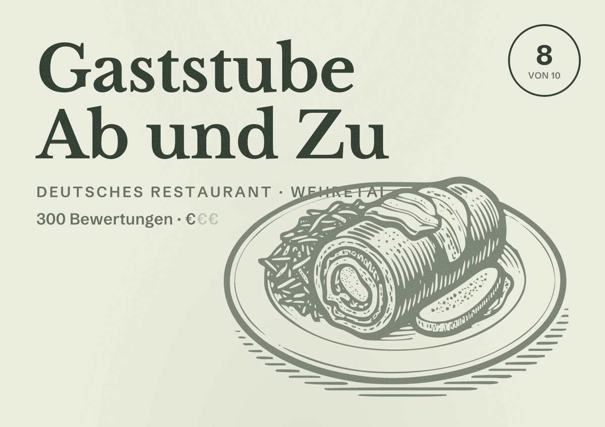 Illustriertes Poster von Gaststube Ab und Zu, Deutsches Restaurant in Wehretal: Bewertung 8 von 10 aus 300 Bewertungen, Preisniveau €